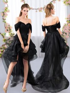 Captivating Black Tulle Lace Up Court Dresses for Sweet 16 Short Sleeves High Low Lace and Ruffled Layers