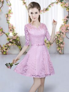 Perfect Lilac A-line V-neck Short Sleeves Lace Mini Length Zipper Belt Quinceanera Dama Dress