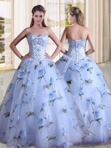 Luxurious Sweetheart Sleeveless Lace Up Quinceanera Gowns Lavender Printed
