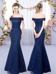 Mermaid Dama Dress for Quinceanera Navy Blue Off The Shoulder Sleeveless Floor Length Lace Up