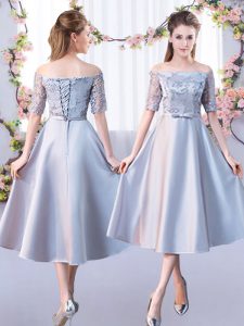 Custom Designed Off The Shoulder Half Sleeves Quinceanera Dama Dress Tea Length Lace Silver Satin