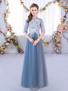 Enchanting Blue Lace Up Quinceanera Dama Dress Lace Half Sleeves Floor Length