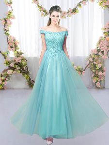 Clearance Aqua Blue Court Dresses for Sweet 16 Prom and Party and Wedding Party with Lace Off The Shoulder Sleeveless Lace Up