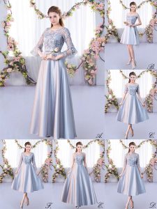 Wonderful Floor Length Silver Damas Dress Satin 3 4 Length Sleeve Lace