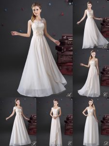Sleeveless Chiffon Floor Length Zipper Quinceanera Court Dresses in White with Lace and Appliques and Bowknot