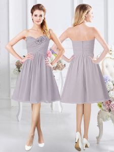 Beautiful Sleeveless Knee Length Ruching and Hand Made Flower Zipper Quinceanera Court of Honor Dress with Grey
