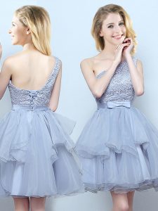 Admirable Grey A-line One Shoulder Sleeveless Organza Mini Length Lace Up Lace and Ruffles and Belt Damas Dress
