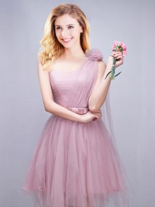 Dazzling One Shoulder Sleeveless Tulle Damas Dress Ruching and Bowknot and Hand Made Flower Lace Up
