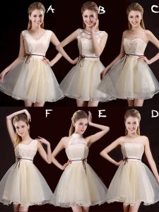 Dynamic Mini Length Lace Up Quinceanera Court of Honor Dress Champagne for Prom and Party and Wedding Party with Lace and Appliques and Belt