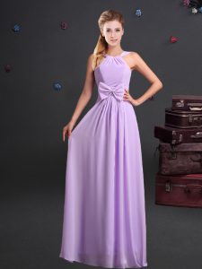 Suitable Halter Top Lavender Zipper Court Dresses for Sweet 16 Ruching and Bowknot Sleeveless Floor Length