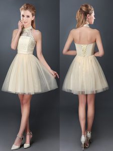 Custom Design Champagne A-line Halter Top Sleeveless Tulle Mini Length Lace Up Lace and Appliques Quinceanera Court Dresses