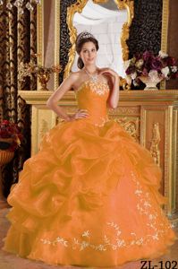 Strapless Orange Full-length Quinces Dresses with Pick-ups and Embroidery