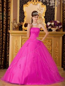 Hot Pink Beaded Strapless Full-length Quince Dress with Appliques in Erie