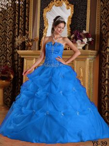 Pretty Blue Appliqued Strapless Full-length Quinceanera Gown with Pick-ups