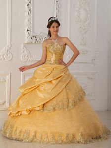 Gold Appliqued Strapless Long Quinceanera Gowns with Lace and Pick-ups