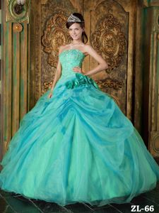 Turquoise Beaded Strapless Long Quinceanera Gowns with Flowers in Erie