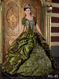 Olive Green Embroidered Dress for Quinceanera with Pick-ups in Monkstown