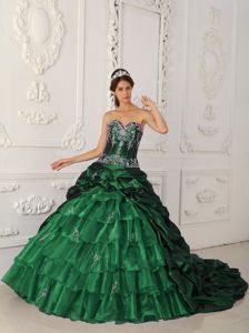 Hunter Green Court Train Quinceanera Dress with Appliques and Pick-ups in Marseille