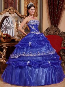 Blue Strapless Floor-length Quinceanera Dresses with Appliques and Pick-ups