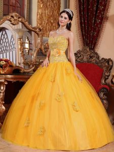 Yellow Sweetheart Floor-length Dress For Quince with Appliques and Flowers