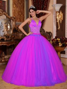 Magenta V-neck Princess Dress For Quince with Beading and Criss-cross Back