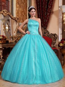 Blue One Shoulder Floor-length Dresses For Quinceanera with Lace Up Back