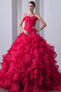 Sweetheart Brush Train Coral Red Sweet Sixteen Dress with Ruffles in Exira