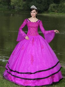 Cheap Long Sleeves Quinceanera Dresses in Hot Pink with Beading in Eldora