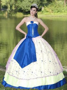 Lovely White and Blue Strapless Quinceanera Gown Dress with Lace Up Back