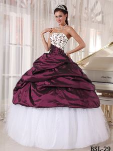 Exclusive White and Burgundy Quince Dress with Embroidery and Pick-ups
