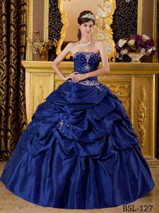 Wonderful Dark Blue Appliqued Quinceanera Gown with Pick-ups Online