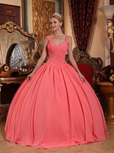 Watermelon V-neck Floor-length Chiffon Beaded Quinceanera Dress in Issaquah
