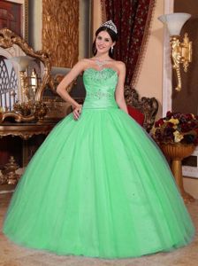 Green Sweetheart Tulle and Taffeta Beaded Ruched Quince Dress in Warwick