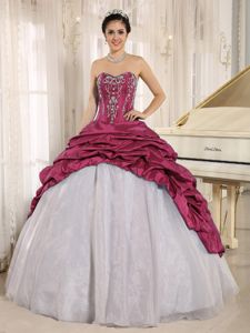 Fuchsia and White Embroided Quinceanera Dress with Pick-ups in Tigard OR