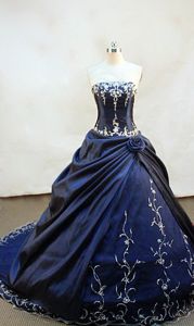 Strapless Chapel Appliques with Beading Quinceanera Dress in Navy Blue
