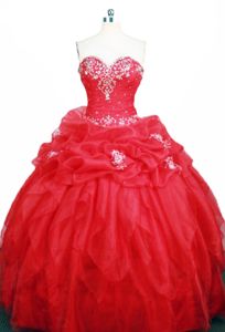 Sweetheart Appliques Ruched Pick Ups Red Organza Quinceanera Gown