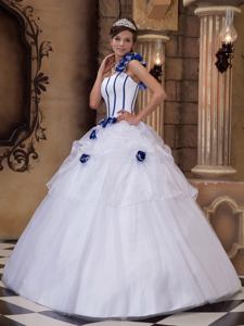 White One Shoulder Flowers and Pick Ups Puffy Quinceanera Gown Dresses