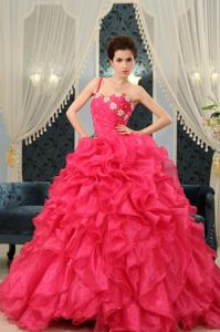 One Shoulder Coral Red Appliques and Ruffles Sweet 16 Dresses in Watertown