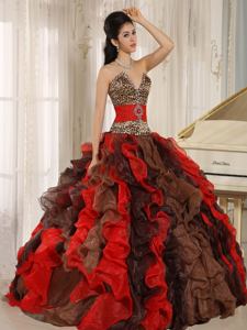 Multi-color V-neck Ruffles Quinceanera Gowns With Leopard and Beading