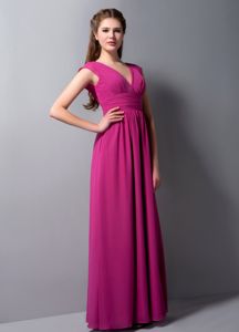 Modest Fuchsia V-neck Ankle-length Quince Dama Dress with Ruche in Reno