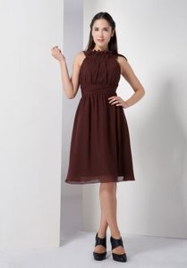 Modest Brown High Neck Knee-length Dresses For Dama with Ruche in Erie