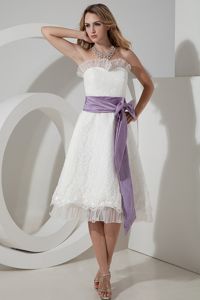 Elegant Strapless Tea-length Lace Dama Dresses with Bow in Port Townsend