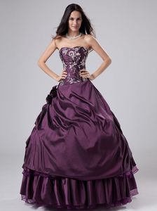Dark Purple Strapless Full-length Quince Dress with Embroidery and Flowers