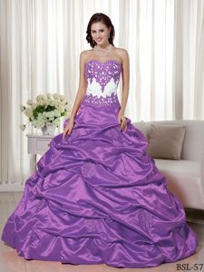 Lavender Sweetheart Long Dresses for Quinces with Appliques and Pick-ups