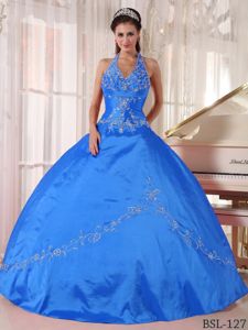 Sexy Blue Halter Floor-length Quinceanera Dresses with Embroidery in Lisle