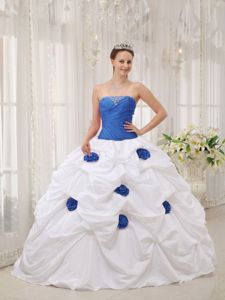 Blue and White Strapless Princess Sweet 16 Dresses with Pick-ups in Butler