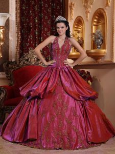 Appliqued Halter Top Floor-length Wine Red Sweet 16 Dresses in Helena
