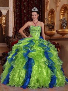 Ruffled and Beaded Green Sweet 15 Dresses with Sweetheart in Chelsea