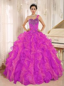 Attractive One Shoulder Hot Pink Ruffled Beaded Quince Dresses Factory