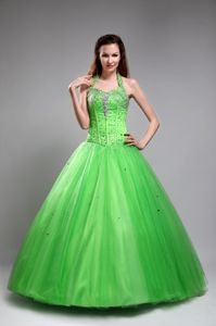 Halter Corset Back Beaded Spring Green Sweet 15 Dresses in Sucre Bolivia